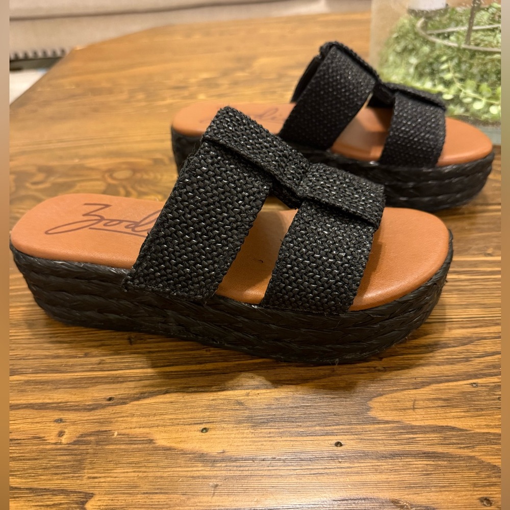 Zodiac WovenBlack and Tan Wedge Sandals